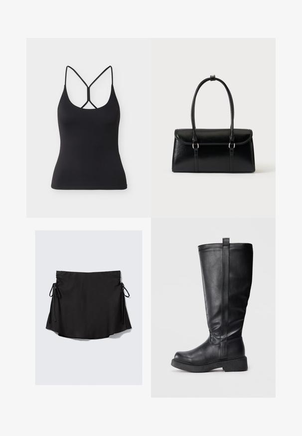 Débardeur noir ajusté avec fines bretelles et un design croisé unique dans le dos sur un fond gris clair.; Jupe en tissu noir à la texture douce, dotée de liens ajustables de chaque côté et d'un ourlet incurvé. Design simple et moderne.; Bottes noires montantes en cuir lisse avec un bout arrondi, une semelle plate et un détail de couture verticale sur le côté.; Sac à main rectangulaire en cuir noir avec fermeture à rabat et deux longues anses sur fond blanc uni.