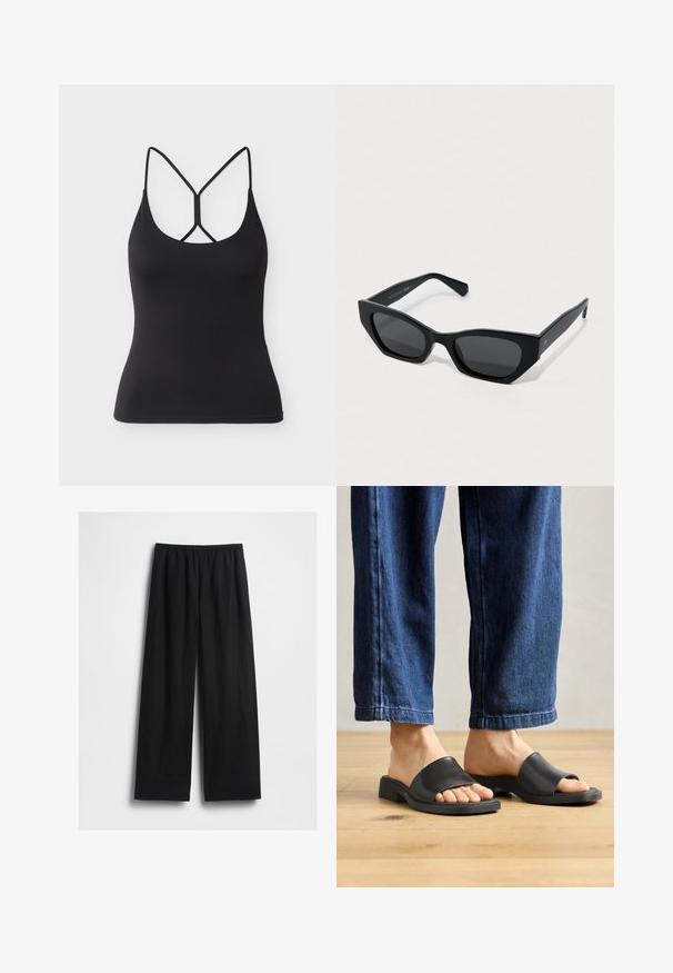 Top negro ajustado con tirantes finos y un diseño único de cruzado en la espalda sobre un fondo gris claro.; Pantalones negros de pernera ancha con cintura elástica, mostrados extendidos sobre un fondo blanco.; Sandalias planas negras hechas de material suave, con punta abierta y una banda superior ancha, colocadas sobre unos pantalones de mezclilla oscuros de corte recto.; Gafas de sol negro en forma de ojo de gato con montura gruesa y lentes oscuros, descansando sobre una superficie blanca.