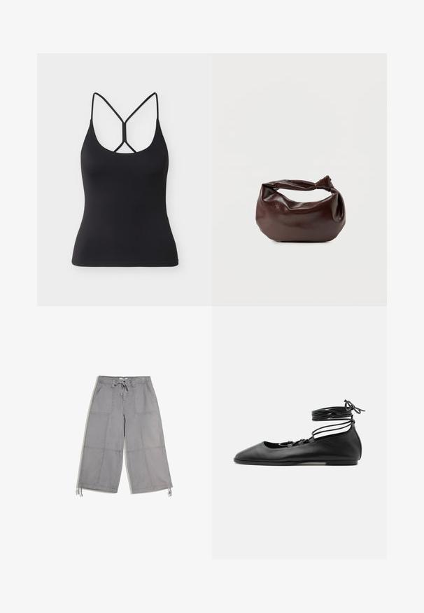 Débardeur noir ajusté avec fines bretelles et un design croisé unique dans le dos sur un fond gris clair.; Pantalon gris à jambes larges coupé-courte avec poches plaquées à l’avant, taille à cordon et liens ajustables à l’ourlet.; Chaussure de ballet plate en cuir noir avec un bout pointu, plusieurs fines brides sur le dessus et des lacets enroulés autour de la cheville.; Sac bandoulière en cuir marron foncé avec une forme souple et décontractée et une anse nouée torsadée sur un fond blanc uni.