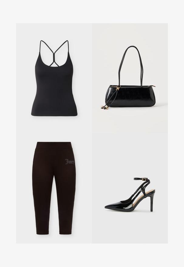Débardeur noir ajusté avec fines bretelles et un design croisé unique dans le dos sur un fond gris clair.; Leggings noirs ajustés avec une taille haute et un petit logo "Juicy" en strass sur la partie supérieure de la cuisse gauche.; Escarpin en cuir verni noir à talon haut, avec un bout pointu, une bride réglable à la cheville et des côtés ouverts. Texture lisse.; Sac à main rectangulaire noir avec deux longues bandoulières, détail anneau doré et fermeture éclair sur un fond clair uni.
