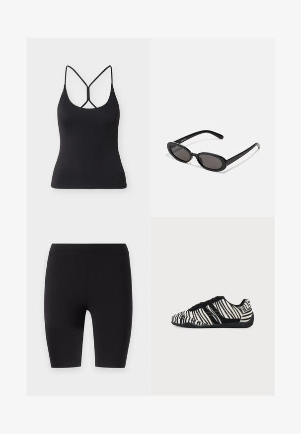 Must hall top, mille kitsad rihmad ja ainulaadne kõmpskruvi disain seljal, helehallil taustal.; Mustad, põlvi katvad leggings, mis on valmistatud elastsemast kangast. Omavad sujuvat tekstuuri ning laia elastset vöökohta mugavuseks ja sobivuseks.; Must-valge paeltega toss loomamustriga ja tekstuuriga musta tallaga heledal ühevärvilisel taustal.; Even&Odd Päikeseprillid - black