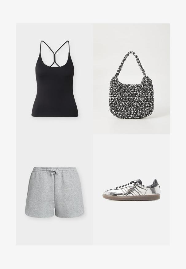 Débardeur noir ajusté avec fines bretelles et un design croisé unique dans le dos sur un fond gris clair.; Shorts gris clair en mélange de coton avec cordon de serrage, taille élastique et poches latérales, conçus pour un usage décontracté.; Baskets basses avec dessus argenté réfléchissant, lacets et talon noirs, et semelle en caoutchouc beige sur un fond clair uni.; Sac en osier noir et blanc de forme arrondie, avec une surface texturée et une poignée tressée. Convient à un usage décontracté.