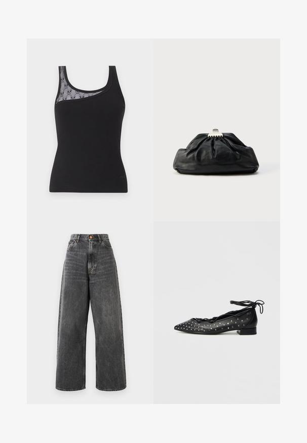 Sort ærmeløs tanktop med ribbet stof og en gennemsigtig blondeindsats med blomstermønster på den ene skulder.; Højtaljede, brede jeans i falmet sort denim med frontlommer, bæltesløjfer og kobberknaplukning.; Sorte balletflade sko i læder med spids tå, snøredesign og sølvnitte-accenter langs siderne. Lav blokhæl.; Sort læderclutch med en samlet tekstur, metal lukning og diskret præget logo på forsiden. Rundet form.