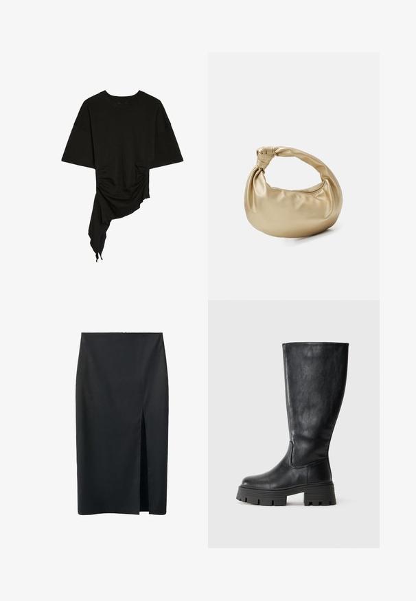 Top noir à manches courtes avec encolure ronde, ourlet asymétrique, fronces latérales et tissu drapé d’un côté.; Jupe crayon noire longueur genou avec une fente centrale à l'avant, en tissu lisse, conçue pour une silhouette ajustée.; Bottes noires montantes en cuir lisse avec une semelle épaisse et texturée et des détails de couture subtils le long du côté extérieur.; Sac à main en métal doré avec une texture lisse et brillante. Il possède une anse nouée et une forme arrondie et douce. Fermeture zippée sur le dessus.