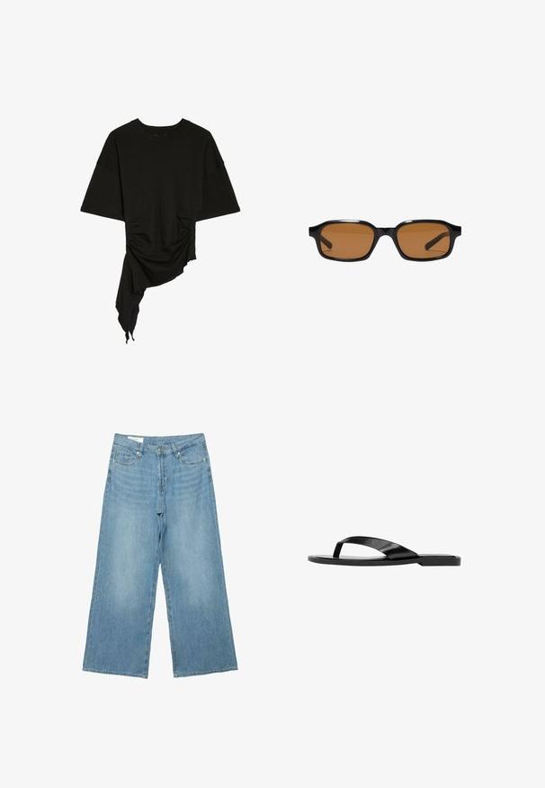 Top noir à manches courtes avec encolure ronde, ourlet asymétrique, fronces latérales et tissu drapé d’un côté.; Jean large en denim bleu clair avec bouton et fermeture éclair à l'avant, poches avant et arrière, et passants de ceinture.; Sandale plate noire avec une large bride brillante sur les orteils et une semelle simple, vue de côté sur fond blanc.; Lunettes de soleil rectangulaires noires avec des montures épaisses et des verres teintés marron, vues de face sur un fond blanc.
