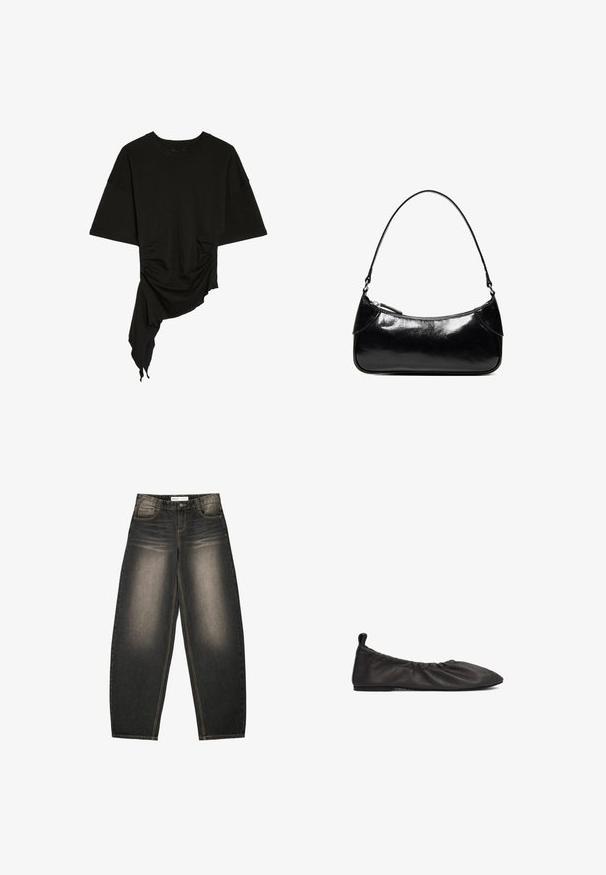 Top noir à manches courtes avec encolure ronde, ourlet asymétrique, fronces latérales et tissu drapé d’un côté.; Jean noir délavé à jambes larges avec poches avant, fermeture par boutons et détails de surpiqûres visibles sur fond blanc.; Chaussure plate en cuir noir avec un bord élastique froncé, bout pointu et surface lisse. Présente un design minimaliste sans quincaillerie visible.; Sac à épaule en cuir noir brillant avec un seul compartiment zippé et une fine bandoulière arquée.