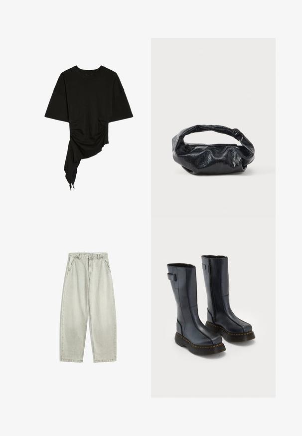 Sort kortærmet top med rund halsudskæring og asymmetrisk kant med rynkeeffekt i siden og draperet stof på den ene side.; Lysegrå denimjeans med høj talje, frontknap og lynlås, skrå sidelommer og brede, lige ben.; Sorte læderstøvler til midt på læggen med tykke platformsåler, gule syninger og lynlåse på siden, præsenteret på en ensfarvet hvid baggrund.; Sort taske lavet af blankt, tekstureret materiale med et cirkulært, snoet håndtag og lynlås. Har et blødt, rynket design.