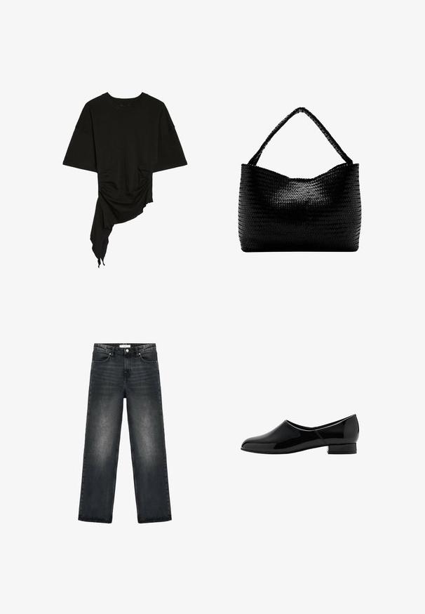 Schwarzes Kurzarm-Top mit rundem Halsausschnitt und asymmetrischem Saum, seitlicher Raffung und drapiertem Stoff auf einer Seite.; Schwarze Jeans aus Denim mit lockerer Passform, geraden Beinen und leichter Ausbleichung. Verfügt über einen Knopfverschluss und ein fünf Taschen-Design für Funktionalität.; Schwarze Lackleder-Slipper mit abgerundeter Zehenpartie und niedrigem Blockabsatz. Glatte Oberfläche, minimalistisches Design, keine sichtbaren Verzierungen.; Schwarze gewebte Handtasche mit einem geflochtenen Griff, rechteckiger Form und glänzend strukturierter Oberfläche.