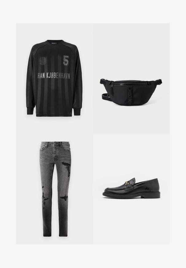 Schwarzes Langarm-Trikot mit vertikalen Streifen, geprägt mit der Nummer 5 und dem Text "HAN KØBENHAVN" in Silber. Aus glattem Stoff gefertigt.; Schwarze Denim-Jeans mit Rissdetails, schlankem Schnitt, fünf Taschen und klassischem Reißverschluss. Abgetragenes Aussehen mit verblassten Stellen.; Schwarze Lederleter mit einer abgerundeten Zehenpartie, ausgestattet mit goldenen Hardwareakzenten und Stichdetails, auf einer niedrigen, strukturierten Gummisohle.; Schwarze Moschino Bauchtasche mit Frontreißverschluss und verstellbarem Riemen auf einfachem hellem Hintergrund.