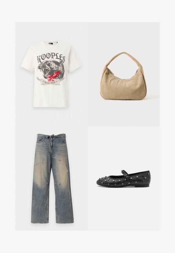 Wit T-shirt met een brullende zwarte panter, rode rozen, de tekst "KOOPLES" erboven en een banner met "WILD TOUR" eronder, midden op de voorkant.; Lichtblauwe denim jeans met een losse, recht gesneden pasvorm. Voorzien van slijtageplekken, vervaging en distressed details bij de knieën. Klassiek five-pocket ontwerp.; Zwarte leren ballerina's met een ronde neus, voorzien van een band en zilveren studs over de bovenkant. Glad textuur met een lage hak.; Kleine beige suède schoudertas met een zacht, gebogen ontwerp en een enkele dikke schouderband tegen een effen achtergrond.