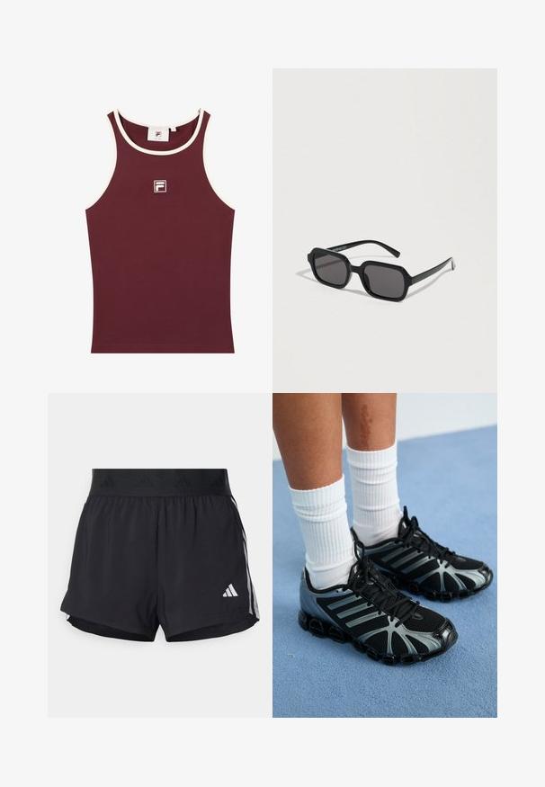 Burgunderfarvet ribbet tanktop med hvid kant og et lille logo på brystet. Fremstillet af blødt stof, har den en rund halsudskæring og en tætsiddende pasform.; Sorte sport shorts med elastisk talje, der har et tekstureret bånd, sidestreger og et hvidt Adidas-logo på den nederste kant.; Person iført hvide ribstrikkede sokker og sorte træningssko med grå accenter på blåt tæppe.; Sorte solbriller med rektangulær form, mørke linser og en blank finish. Fremhævet med diskret branding på stængerne.
