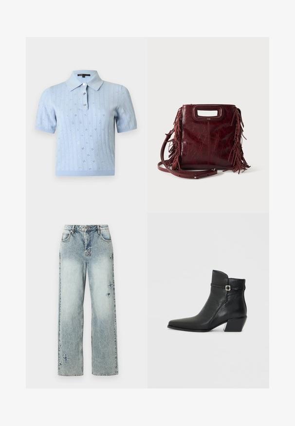 Lyseblå kortærmet strikket polo med blomster-øjelets mønster og tre knapper foran på en ensfarvet baggrund.; Lyseblå denim jeans med lige ben-design, der har synlige stikninger og dekorative kryds mønstre foran.; Sorte læder ankelstøvler med spids tå, en lav blokhæl og en dekorativ rem med en sølvspænde accent. Glat tekstur.; Firkantet burgunderfarvet læderhåndtaske med udskåret håndtag, sideskvaster og justerbar skulderrem på ensfarvet baggrund.