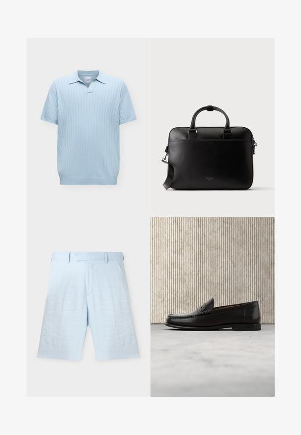Polo en maille bleu clair à manches courtes avec texture côtelée verticale et col doux, présenté sur fond blanc uni.; Shorts bleu clair tailleur à la longueur genou avec passants pour ceinture, poches avant et design épuré, minimaliste sur fond blanc.; Mocassin penny en cuir noir avec talon bas, bout arrondi et détails cousus à l'avant et sur les côtés, présenté sur un fond neutre.; Mallette en cuir noir avec doubles poignées, bandoulière amovible et petit texte de logo à l'avant, sur un fond uni clair.