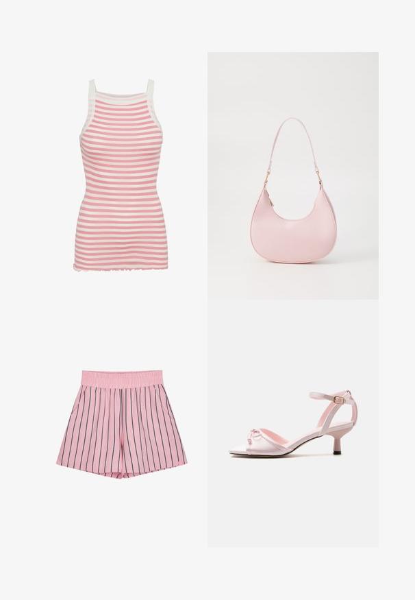 Seamless Basic DAZE - Top - pink off white; Lichtroze shorts met verticale marineblauwe strepen, elastische tailleband en zijzakken. Gemaakt van een zachte stof met een losse pasvorm.; Lichtroze sandaal met open teen, kitten heel, enkelriempje met gesp en een kleine decoratieve strik op het voorste riempje.; Call it Spring CELESTY - Handtas - other pink