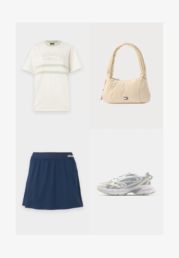 Cremfarbendes Baumwoll-T-Shirt mit rundem Ausschnitt, kurzen Ärmeln und grünen Akzentstreifen. Mit gesticktem Logo auf der Vorderseite.; Marineblaue, weiche Stoff-Skort mit elastischem Bund. Verfügt über ein gerafftes Design und ein kleines Logo am Bund.; Mesh-Sportschuh in Grau und Creme, mit strukturiertem Obermaterial, verstärkter Spitze und einer hellen, robusten Laufsohle für besseren Halt.; Schultertasche in Cremefarben aus weichem, gestepptem Stoff, mit einem geschwungenen Griff und einem Logo-Patch. Reißverschluss mit zusätzlichem Charme-Detail.