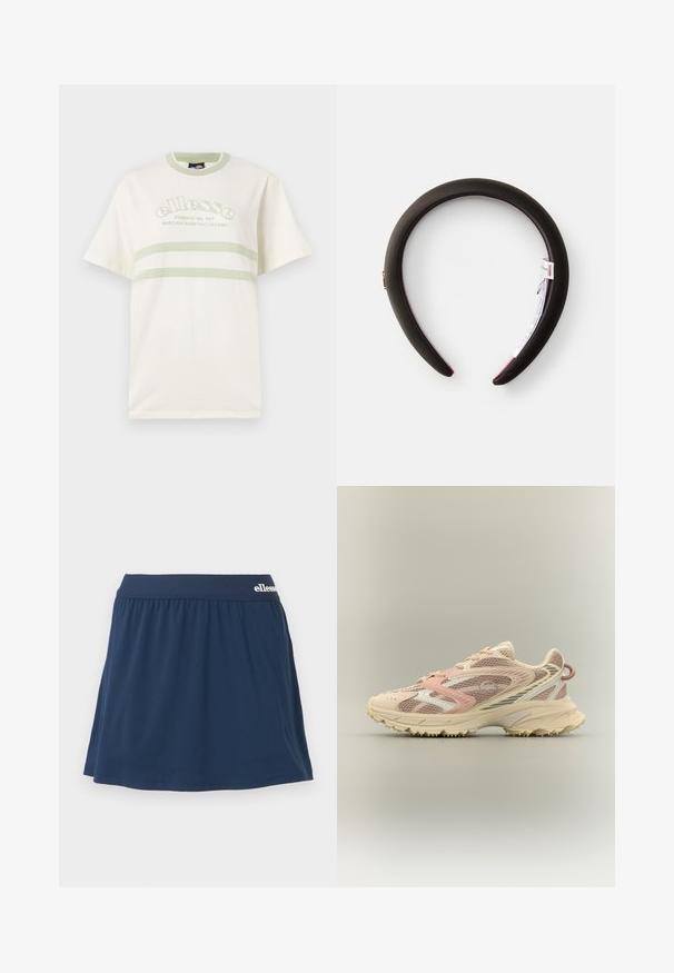 Crème kleurige katoenen t-shirt met een ronde hals, korte mouwen en groene accentstrepen. Heeft een geborduurd logo op de voorkant.; Marineblauwe, zachte stof skort met een elastische tailleband. Heeft een geplooid ontwerp en een klein logo op de tailleband.; Hardloopschoen met roze, beige en crèmekleurige mesh en synthetische overlays, chunky zool en een getextureerde buitenzool voor grip, zijaanzicht.; Zwarte gewatteerde hoofdband met een gladde textuur, voorzien van donkerroze details aan de binnenrand, ontworpen voor comfort en stabiliteit.
