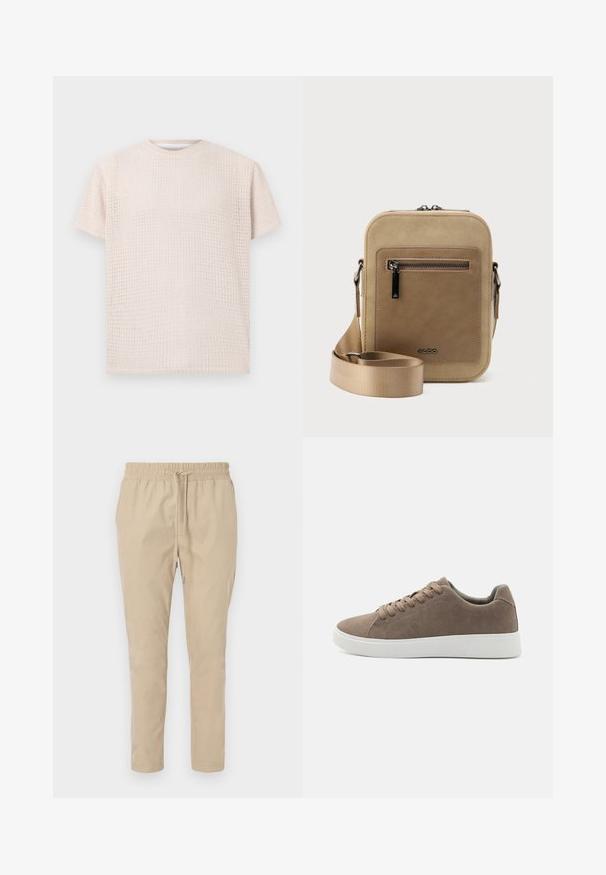 Camiseta de manga corta color beige claro con un patrón texturizado y un corte holgado. Cuello redondo y tela suave, ideal para un uso casual.; Pantalones ligeros de color beige con cintura elástica y cordón. Diseño de pierna recta, textura suave y sin patrones ni acentos visibles.; Zapatillas de ante marrón con suelas de goma blanca planas, diseño de cordones, punta redondeada y una textura suave. Estilo minimalista con sutiles detalles de costura.; Bolso pequeño beige tipo bandolera con bolsillo frontal con cremallera, logo metálico de ALDO, correa ancha ajustable y forma rectangular redondeada sobre fondo blanco.
