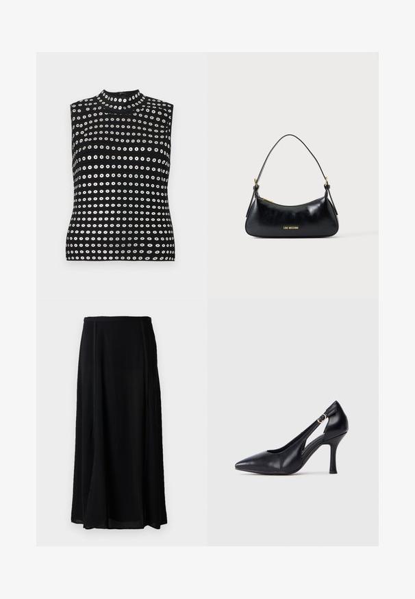 Top negro sin mangas con cuello alto, con filas horizontales de círculos metálicos plateados y un diseño de tejido texturizado.; Falda maxi negra hecha de un material ligero, con un diseño fluido, de color negro sólido y detalles sutiles en las costuras laterales.; Zapato de tacón alto de cuero negro con punta afilada y diseño de lado abierto. Cuenta con una correa ajustable con un hebilla redonda dorada.; Bolso de cuero negro para el hombro con cremallera dorada y logotipo "LOVE MOSCHINO" en el frente, con un asa superior curvada.
