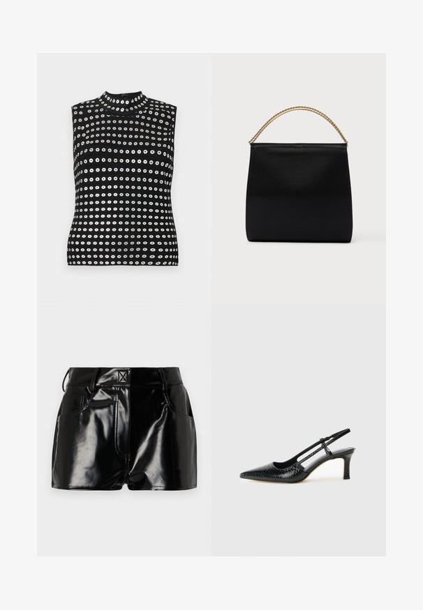 Top negro sin mangas con cuello alto, con filas horizontales de círculos metálicos plateados y un diseño de tejido texturizado.; Shorts negros y brillantes de material sintético. Presentan una cintura ajustada, trabillas para el cinturón y bolsillos frontales con detalles de costura prominentes.; Tacón slingback negro de charol con punta afilada, que presenta un estampado de serpiente texturizado, correa ajustable y un tacón bloque corto y texturizado.; Bolso negro de tela suave, con forma estructurada, asa de cadena dorada y diseño geométrico minimalista.
