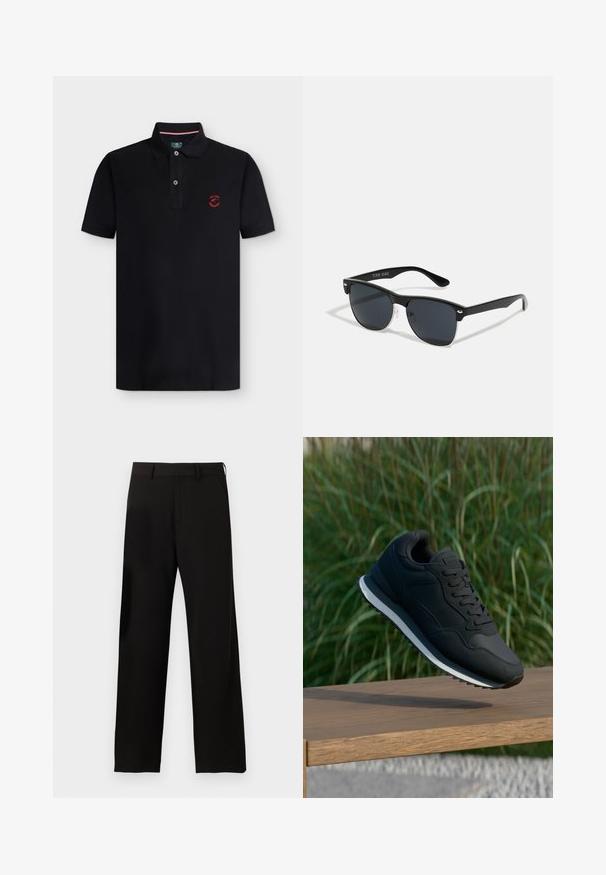 Zwart poloshirt met korte mouwen, kraag, twee knopen en klein rood geborduurd logo op de linkerborst.; Zwarte broek met rechte pijpen, riemlussen en zijzakken op een effen witte achtergrond.; Zwarte sportieve schoen met een gestructureerde bovenkant, vetersluiting en contrasterende witte tussenzool; in de lucht weergegeven boven een houten oppervlak.; Zwarte zonnebril met een rechthoekige vorm, donkere lenzen, zilveren accenten bij de slapen en een matte afwerking op het montuur.