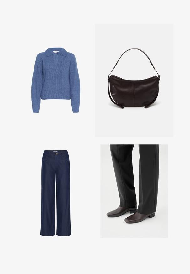 Suéter azul de manga larga tejido, con un cuello amplio y una pequeña abertura en forma de llave debajo de la línea del cuello.; ICHI IHFlared - Vaqueros a campana - dark blue; Zapatos de cuero marrón oscuro con punta cuadrada y tacón bloque corto, usados con pantalones negros a medida, mostrando una apariencia elegante y pulida.; Bolso de hombro de cuero marrón oscuro con forma curvada, textura suave y una sola correa ajustable. Cuenta con un cierre de cremallera.