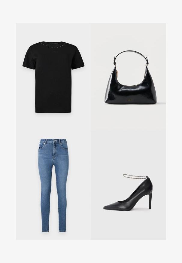 Camiseta negra de manga corta con cuello redondo, pequeños tachuelas metálicas a lo largo del cuello y una sutil firma bordada en el pecho.; Jeans ajustados de mezclilla azul medio, con una cintura alta, diseño de cinco bolsillos y un sutil detalle de costura en los bolsillos y costuras.; Zapato de tacón alto de cuero negro con puntera afilada, que presenta una delgada correa de tobillo de cadena plateada y una textura elegante y suave.; Bolso negro brillante de Calvin Klein con cremallera dorada y correa corta sobre un fondo blanco liso.