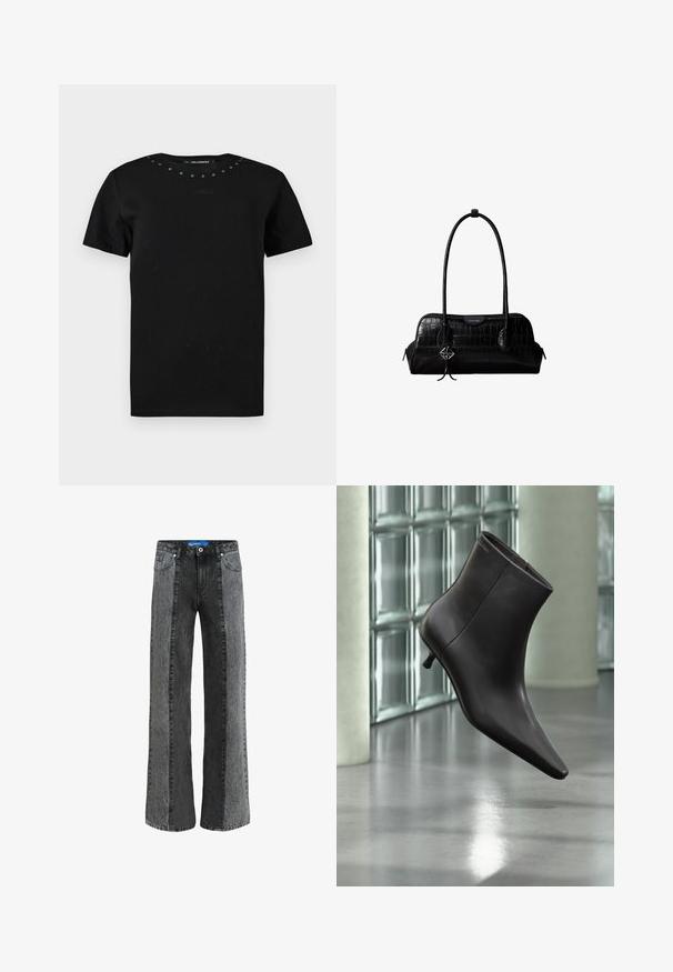 Camiseta negra de manga corta con cuello redondo, pequeños tachuelas metálicas a lo largo del cuello y una sutil firma bordada en el pecho.; Jeans de pierna ancha en denim negro y gris. Presentan una cintura alta con cierre de botón, cinco bolsillos y paneles verticales en contraste.; Bota de cuero negro para el tobillo con puntera puntiaguda y tacón pequeño, exhibida frente a una pared de bloques de vidrio y un suelo pulido.; Bolso de hombro negro de cuero con textura de cocodrilo, con correas largas y un pequeño colgante de logo plateado en una correa.