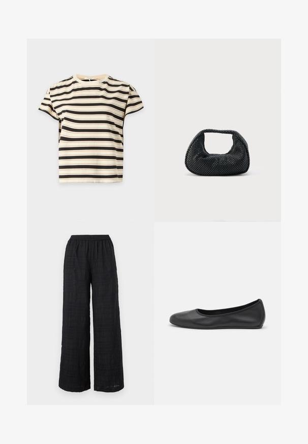 Chemise crème à manches courtes avec des rayures horizontales noires et fines marron et un col rond sur un fond uni.; Pantalon noir à jambes larges avec une taille élastique et un motif à carreaux texturé subtil.; Ballerines en cuir noir avec un bout rond, texture lisse, détails de couture minimalistes et design de semelle flexible.; Sac hobo tissé noir avec une structure souple et une poignée intégrée, présenté sur un fond clair uni.