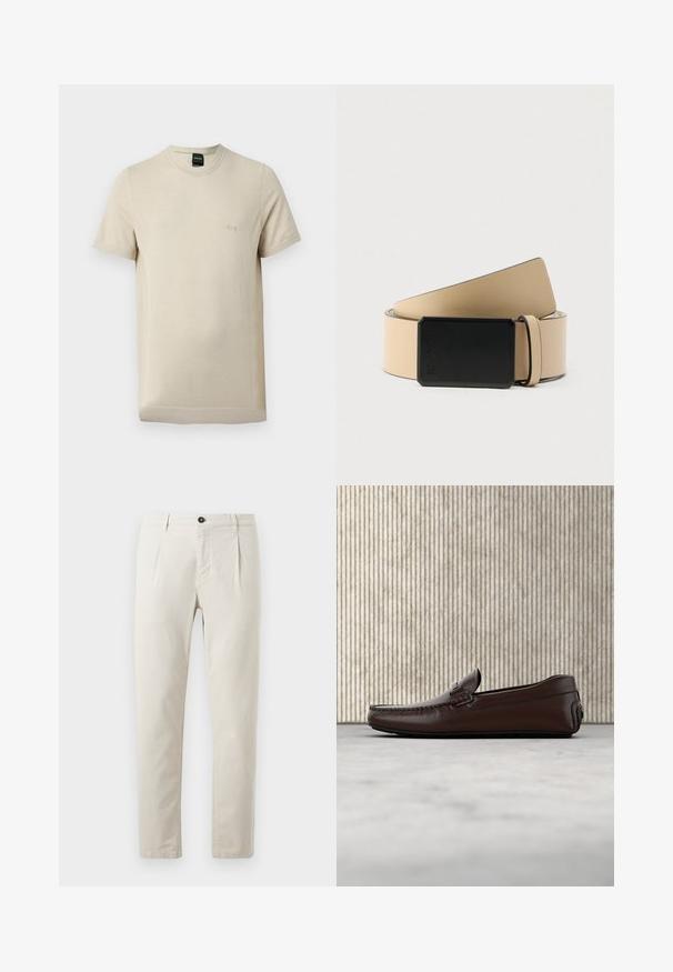 Beige T-shirt med korte ærmer og rund hals, med subtil tekstur og lille præget "BOSS"-logo på venstre bryst.; Beige bomuldsbukser med lige ben, der har en enkelt sort knaplukning og to forlommer. Glat tekstur.; Brune lædersandaler med en glat overflade, mokkasin-lignende syninger, hævet tå og en lav, fleksibel gummisål.; Beige læderbælte med en bred, glat tekstur og en rektangulær sort spænde. Har et enkelt, moderne design uden synlige mønstre.