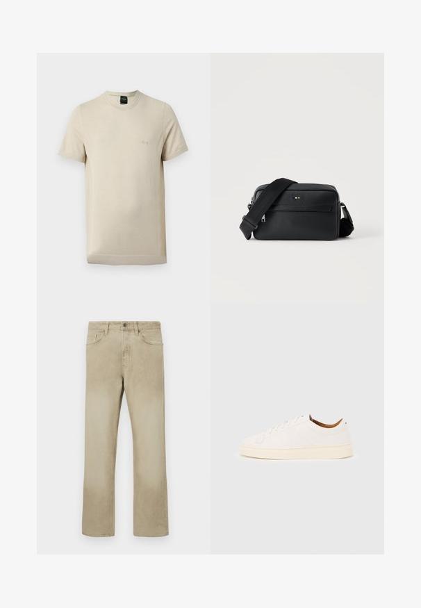 Beiges T-Shirt mit kurzen Ärmeln und Rundhalsausschnitt, feine Struktur und kleines geprägtes "BOSS"-Logo auf der linken Brust.; Beige Baumwollhosen mit geradem Bein, ausgestattet mit Fronttaschen und klassischem Knopfverschluss. Glatte Textur mit subtilen Ausbleichungen.; Weißer Sneaker mit niedrigem Schaft und Schnürdesign, minimalen Nähten und einer cremefarbenen Sohle auf hellgrauem Hintergrund.; Schwarze, strukturierte Leder-Crossbody-Tasche mit vorderer Reißverschlusstasche und verstellbarem breitem Stoff-Schulterriemen auf weißem Hintergrund.