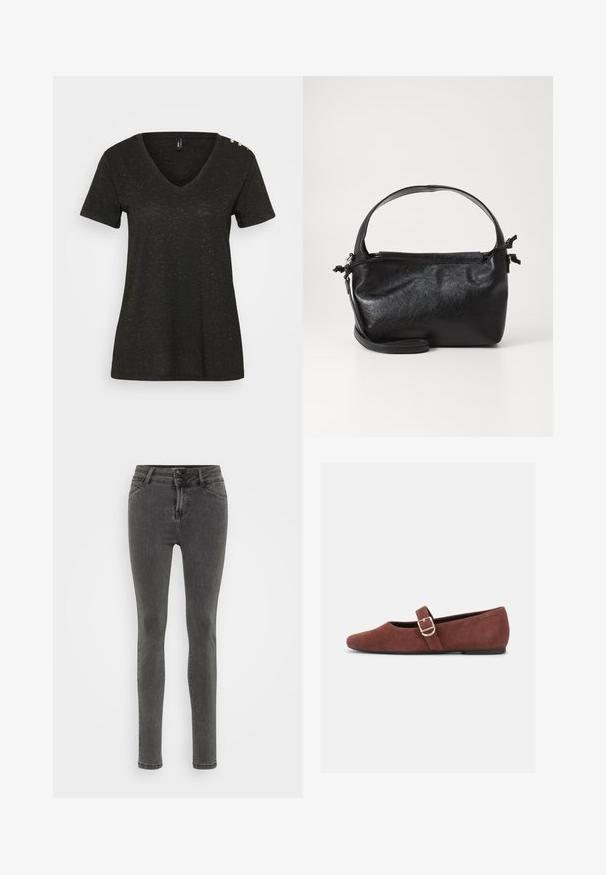 Sort kortærmet T-shirt med V-udskæring, der har guldprikker og dekorative knapper på skulderen for ekstra detalje.; Smal grå jeans lavet af denim, med høj talje, dobbelt knaplukning og minimal syning for et strømlinet udseende.; Brun ruskind Mary Jane-flad sko med en guldspænde og sort sål på hvid baggrund.; Sort læderhåndtaske med et struktureret design, rund tophåndtag og aftagelig skulderrem. Den har en glat tekstur og en subtil glans.