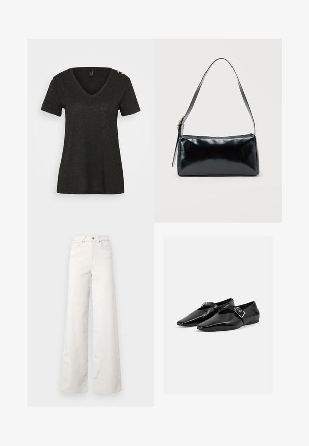 T-shirt noir à manches courtes avec un col en V, décoré de paillettes dorées et de boutons décoratifs sur l'épaule pour plus de détails.; ONLY Tall ONLHOPE GLOBAL HIGH WAIST WIDE - Pantalon classique - pumice stone; Paire de chaussures plates en cuir verni noir à bouts pointus avec une bride à boucle sur le dessus, montrée sur un fond clair uni.; Sac d'épaule rectangulaire noir avec une sangle réglable unique et une fermeture éclair supérieure sur un fond uni.