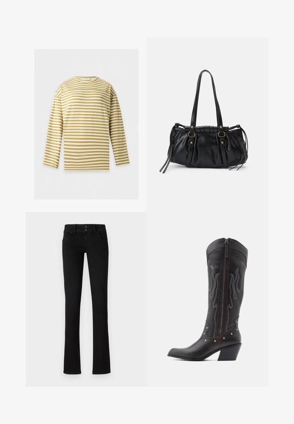 Langærmet skjorte med beige og hvide horisontale striber, rund halsudskæring og afslappet pasform, vist på en ensfarvet lys baggrund.; Sort slim-fit jeans med to frontlommer, bæltestropper og dobbelt knaplukning, præsenteret på en ensfarvet hvid baggrund.; Brune læder cowboystøvler med flammebroderi, sidelukning med lynlås, sølvnitter, spids snude og lagdelt hæl.; Sort læderhåndtaske med rund form, dobbelte hanke, dekorative hardware-detaljer og snøre på siden. Glat, blank overflade.