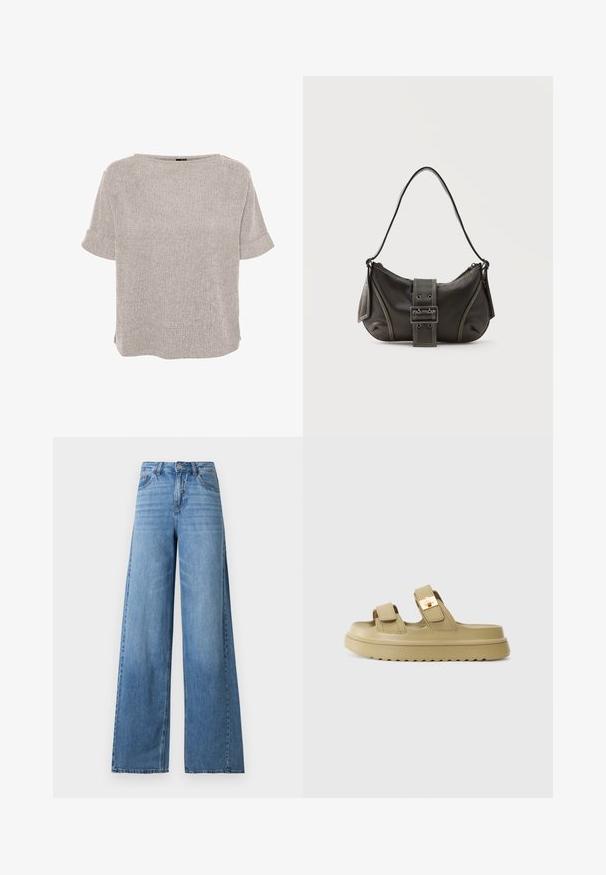 Lichtgrijs, kort mouw textuur blouse met ronde hals en omgeslagen manchetten, losse pasvorm.; Lichtblauwe jeans met wijde pijpen en een hoge taille, voorzien van knopen en rits aan de voorkant, voor- en achterzakken, en subtiele vervaagde details op de dijen.; Beige slidersandalen met twee verstelbare banden en een goudkleurige gesp. Gemaakt van glad synthetisch materiaal. Getextureerde rubberen zool.; Zwarte leren schoudertas met gespsluiting aan de riem, afgeronde hoeken en contrasterende witte stiksels op een effen achtergrond.