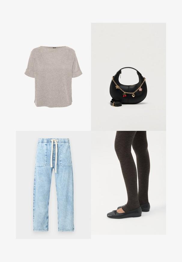 Blouse texturée gris clair à manches courtes, col rond et poignets repliés, coupe ample.; GAP Petite EASY VAN NESS - Jean baggy - light indigo; Jambes portant des leggings côtelés foncés associés à des ballerines noires avec de petits détails en nœud sur fond blanc.; Sac à main en cuir noir à la forme incurvée, avec une bandoulière chaîne dorée et des breloques décoratives comprenant un papillon, des cerises et une fleur.