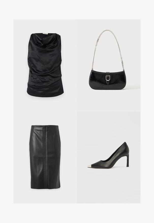 Haut noir à col bateau en tissu lisse, avec un design drapé, une texture douce et une silhouette ajustée. Finition sans couture le long de l'ourlet.; Jupe en cuir noire longueur genoux avec panneau cousu vertical au centre et petite fente latérale, présentée sur fond blanc.; Chaussure à talon haut en cuir noir avec bout pointu et capuchon argenté métallique. Présente une finition lisse et un talon fin de 10 cm.; Sac à épaule en cuir verni noir avec détail de boucle argentée et bandoulière en chaîne argentée, présenté sur un fond uni clair.