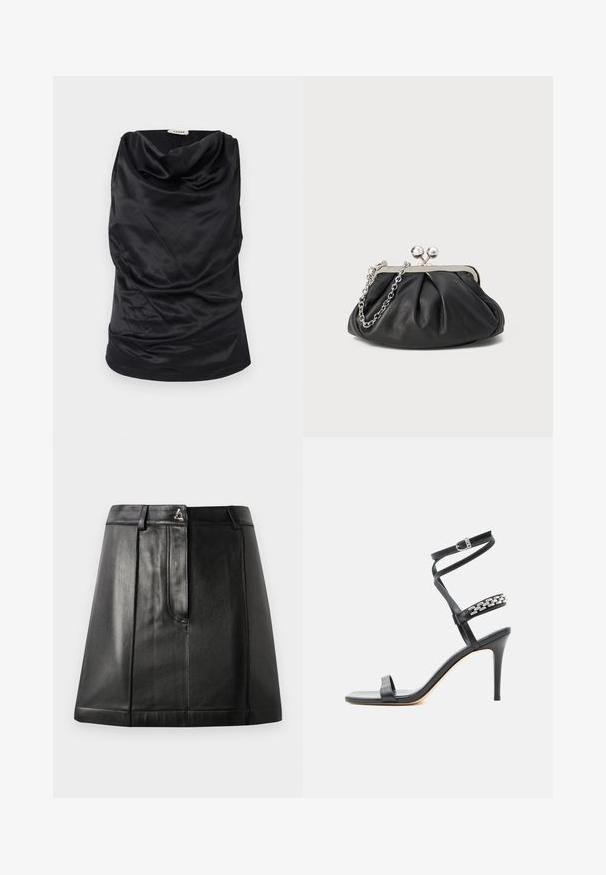Haut noir à col bateau en tissu lisse, avec un design drapé, une texture douce et une silhouette ajustée. Finition sans couture le long de l'ourlet.; Jupe en cuir noir avec une forme structurée, dotée d'une poche avant et d'un accent métallique à la taille. Texture lisse et détails de couture.; Sandale noire à talon haut avec fine bride à la cheville, bride médiane décorée de maillons de chaîne argentés, et design à bout ouvert.; Porte-monnaie en cuir noir avec texture froncée, cadre en métal argenté, fermeture à verrouillage kiss-lock et bandoulière en chaîne. Surface lisse et douce.