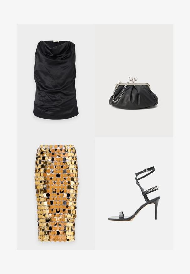 Schwarzes Top mit Kapuze, aus glattem Stoff, mit drapiertem Design, weicher Textur und taillierter Silhouette. Nahtloser Abschluss am Saum.; Rabanne Bleistiftrock - brown/black; Schwarze Sandalette mit hohem Absatz, schlankem Knöchelriemen, Mittelriemen verziert mit silbernen Kettengliedern und offenem Zehendesign.; Schwarze Leder-Clutch mit geraffter Textur, silberfarbener Metallrahmen, Druckverschluss und Kettenriemen. Glatte, weiche Oberfläche.