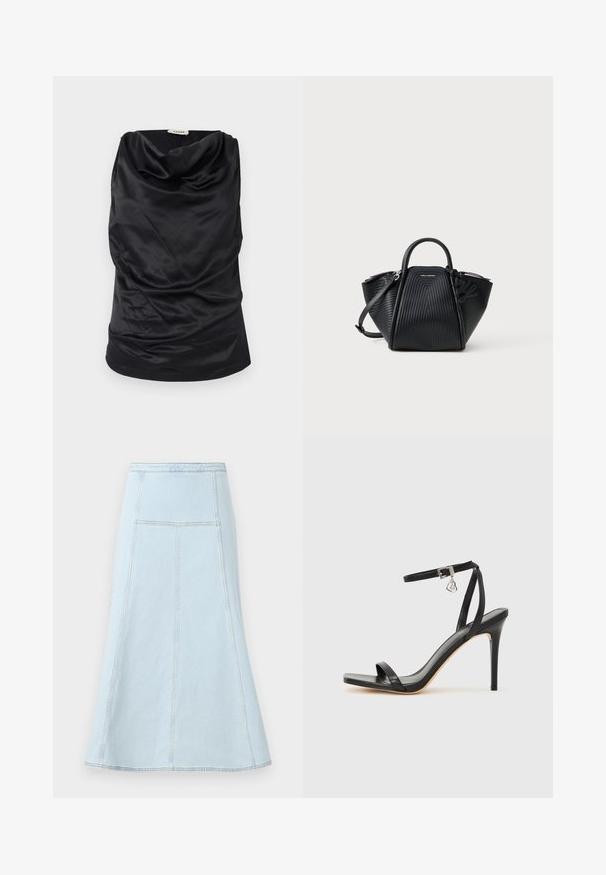 Sort top med cowl-krave lavet af glat stof, med draperet design, blød tekstur og tætsiddende silhuet. Sømfri finish langs kanten.; Lyseblå denim A-line nederdel med høj talje, der har lodrette syninger og en bredere kant for ekstra bevægelse.; Sort hæl-sandal med smal ankrem, firkantet tå-boks, glat lædermateriale og metalspænde som pynt.; Sort struktureret håndtaske med vertikal ribbet tekstur, to håndtag, aftagelig skulderrem og lynlås lukning mod en ensfarvet baggrund.