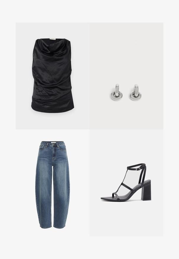 Zwarte coltrui gemaakt van gladde stof, met een gedrapeerd ontwerp, zachte textuur en een getailleerde silhoutte. Naadloze afwerking langs de onderrand.; Hoge taille, losvallende blauwe jeans van denim, voorzien van een knoopsluiting, vijf zakken en subtiele vervaging op de stof.; Zwarte haksandalen met een vierkante teen en blokhak. Voorzien van dunne banden en een verstelbare enkelgesp. Gladde lederen textuur.; Een paar kleine, glanzende zilveren creolen met een ronde basis, afgebeeld op een effen lichte achtergrond.