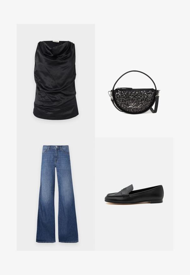 Zwarte coltrui gemaakt van gladde stof, met een gedrapeerd ontwerp, zachte textuur en een getailleerde silhoutte. Naadloze afwerking langs de onderrand.; Wijd-facebook denim jeans in een middelblauwe wassing, met vijf zakken, riemlussen en een knoopsluiting. Glad textuur met een lichte vervaging.; Zwarte leren loafer met lage hak, gestikte details en een klein metalen accent op de bovenkant.; Zwarte schoudertas met een halve maansvorm, pailletten details, leren accenten, zilveren hardware en een bovenste ritsluiting.