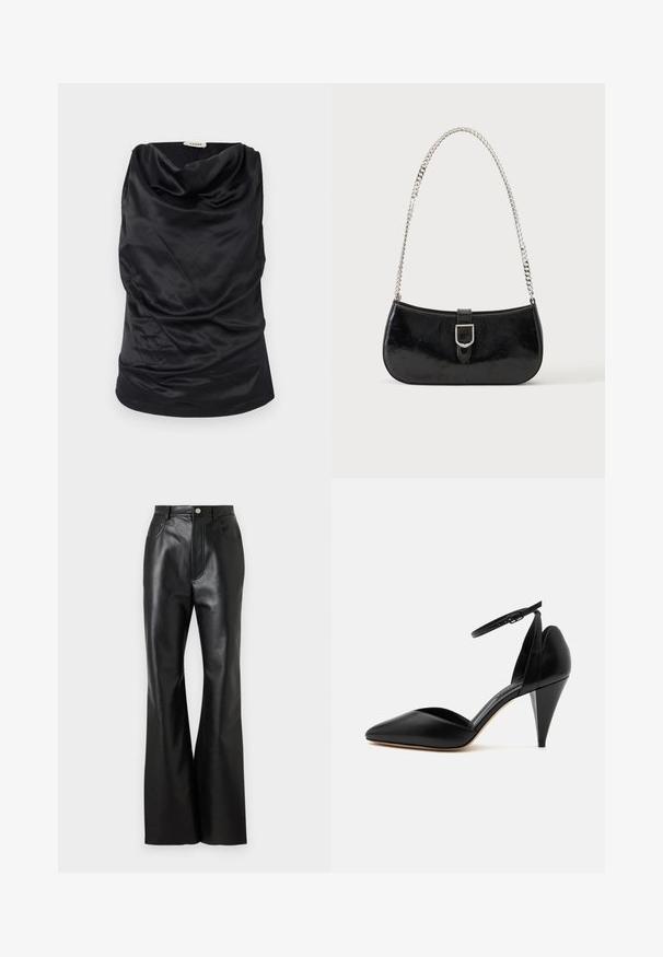 Haut noir à col bateau en tissu lisse, avec un design drapé, une texture douce et une silhouette ajustée. Finition sans couture le long de l'ourlet.; Pantalons évasés en cuir noir avec une finition soignée, poches avant et couture contrastante. Comprend une fermeture à bouton et une taille structurée.; Escarpin en cuir noir à bout pointu avec bride à la cheville et talon conique sur fond blanc.; Sac à épaule en cuir verni noir avec détail de boucle argentée et bandoulière en chaîne argentée, présenté sur un fond uni clair.