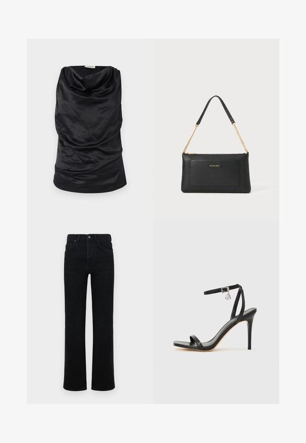 Haut noir à col bateau en tissu lisse, avec un design drapé, une texture douce et une silhouette ajustée. Finition sans couture le long de l'ourlet.; Jean en denim noir avec taille haute, coupe droite, design à cinq poches et fermeture à bouton à l'avant. Texture lisse, détails minimaux.; Sandale à talon haut noire avec une bride étroite à la cheville, bout carré, cuir lisse et accent de boucle métallique.; Pochette en cuir noir avec une texture en relief, bandoulière en chaîne dorée et une poche avant. Elle arbore un logo doré sur le devant.