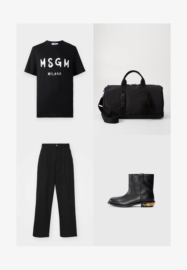 Zwarte katoenen t-shirt met gedurfde witte tekst "MSGM MILANO." Korte mouwen en een ronde hals. Soepele textuur met een relaxed fit.; Zwarte wijde broek gemaakt van lichtgewicht stof. Voorzien van een knoopsluiting, voorplooien en twee zijzakken.; Zwarte leren enkellaars met een glad oppervlak, ronde neus en een gouden walvismotief op de hak. Minimalistisch ontwerp.; Zwarte duffelbag van nylon met dubbele handvatten, een afneembare schouderband, een reliëflogo en een bagagelabel. Gladde textuur.