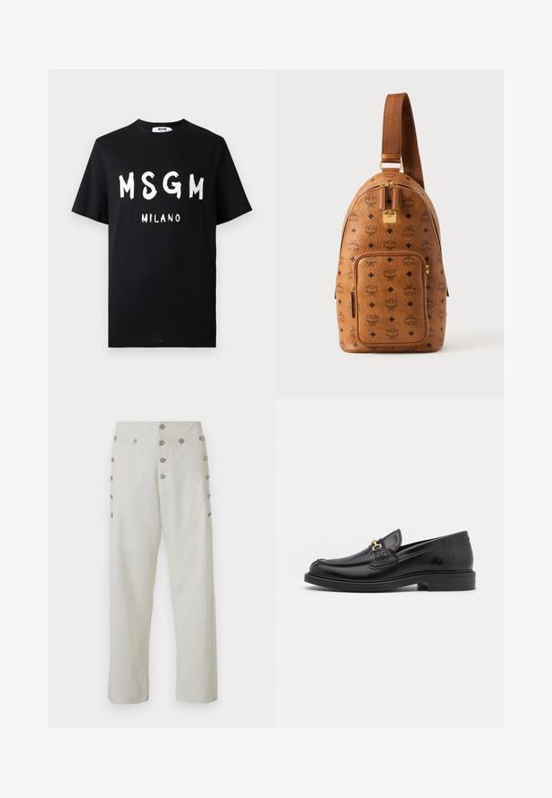 Zwarte katoenen t-shirt met gedurfde witte tekst "MSGM MILANO." Korte mouwen en een ronde hals. Soepele textuur met een relaxed fit.; Crème-kleurige broek met een rechte snit en decoratieve knopen van zilverkleur aan beide zijden, gemaakt van een gladde stof.; Zwarte leren instappers met een ronde neus, voorzien van een gouden hardware accent en stikdetails, geplaatst op een lage, getextureerde rubberen zool.; Bruine leren slingrugzak met zwart diamant- en MCM-logo patroon, voorvak met ritssluiting, gouden rits en verstelbare band.