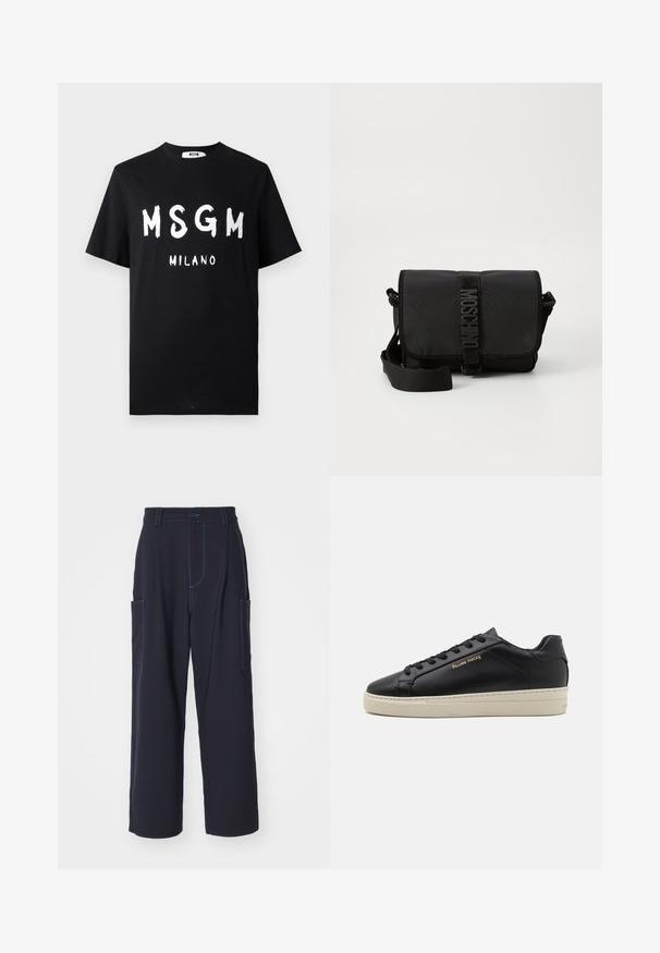 T-shirt en coton noir avec un texte blanc audacieux "MSGM MILANO". Manches courtes et col rond. Texture lisse avec une coupe décontractée.; Pantalons cargo navy avec coutures bleues, ceinture élastique, deux poches latérales, coupe droite et texture de tissu douce.; Sneaker en cuir noir avec une finition lisse, semelle crème contrastante, bout arrondi, logo doré sur le côté et six œillets pour les lacets.; Sac bandoulière noir en nylon avec rabat, doté d'une fermeture à bande logo proéminente, d'une bandoulière réglable et de détails de surpiqûres sur les côtés.
