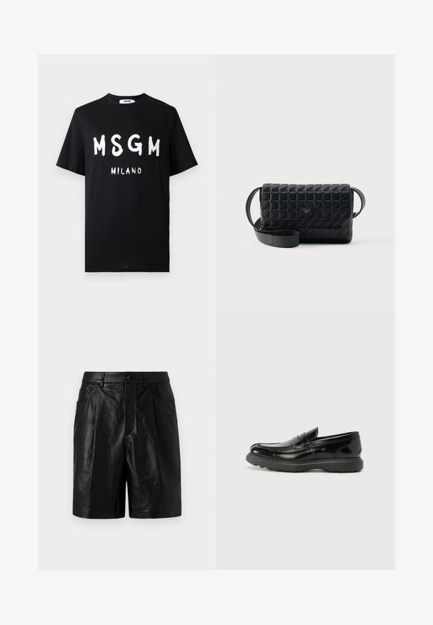 T-shirt en coton noir avec un texte blanc audacieux "MSGM MILANO". Manches courtes et col rond. Texture lisse avec une coupe décontractée.; Shorts en cuir noir à la coupe ajustée, dotés de deux poches avant, d'une fermeture à boutons et d'une texture lisse et brillante.; Mocassin en cuir noir avec une finition brillante, bout arrondi, détails de couture subtils et semelle en caoutchouc épaisse pour la durabilité.; Sac bandoulière noir texturé avec une fermeture à rabat et un petit logo en métal sur le devant, présenté sur un fond uni.