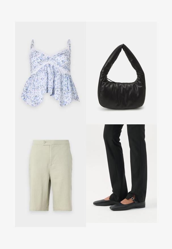 Débardeur floral bleu clair avec des bretelles fines, un ourlet en dentelle et une coupe évasée. Le matériau semble doux avec un motif floral délicat.; Shorts gris clair en tissu doux. Dotés d'une fermeture à bouton, de poches latérales et d'une coupe droite.; Jambes vêtues d’un pantalon slim noir avec des fentes à l’avant de l’ourlet, assorties à des chaussures plates Mary Jane noires avec une petite bride à boucle.; Sac en cuir noir avec un design décontracté, présentant une poignée nouée distinctive et une fermeture éclair. Texture lisse sur l'ensemble.