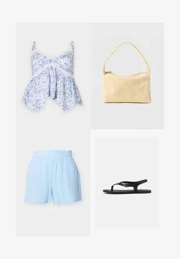 Lyseblå blomstret top med tynde stropper, blondekant og vidde forneden. Materialet synes blødt med et delikat blomstermønster.; Lyseblå teksturerede shorts med elastisk indsamlingslinning og afslappet pasform.; Sort flad sandal med ankelrem, tæsepind og sølvspænde på glat sål, vist fra siden på hvid baggrund.; Lille beige læderhåndtaske med en enkelt rem og sølvnitter langs kanterne og remmen, sat mod en ensfarvet baggrund.
