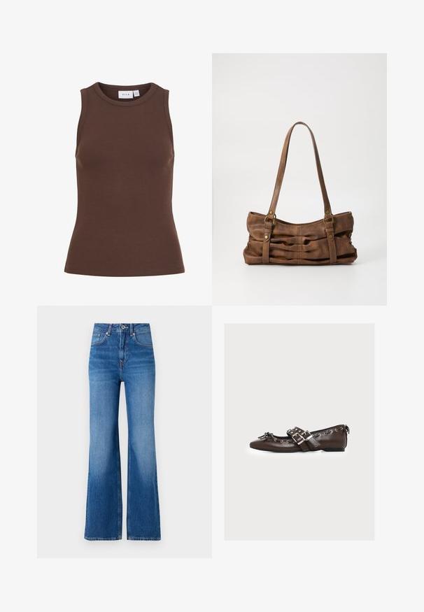 Ærmeløs tætsiddende brun tanktop med rund halsudskæring, lavet af glat stof, med lille hvid mærkeetiket inden i kraven.; Bredde ben blå denim jeans med høj talje, der har lynlås, knaplukning og diskrete falmninger langs benene.; Brun læder flad sko med dobbelte sølvspænder, dekorative snørebånd langs kanterne og en lille sløjfe på den spidse tå.; Even&Odd Håndtasker - brown
